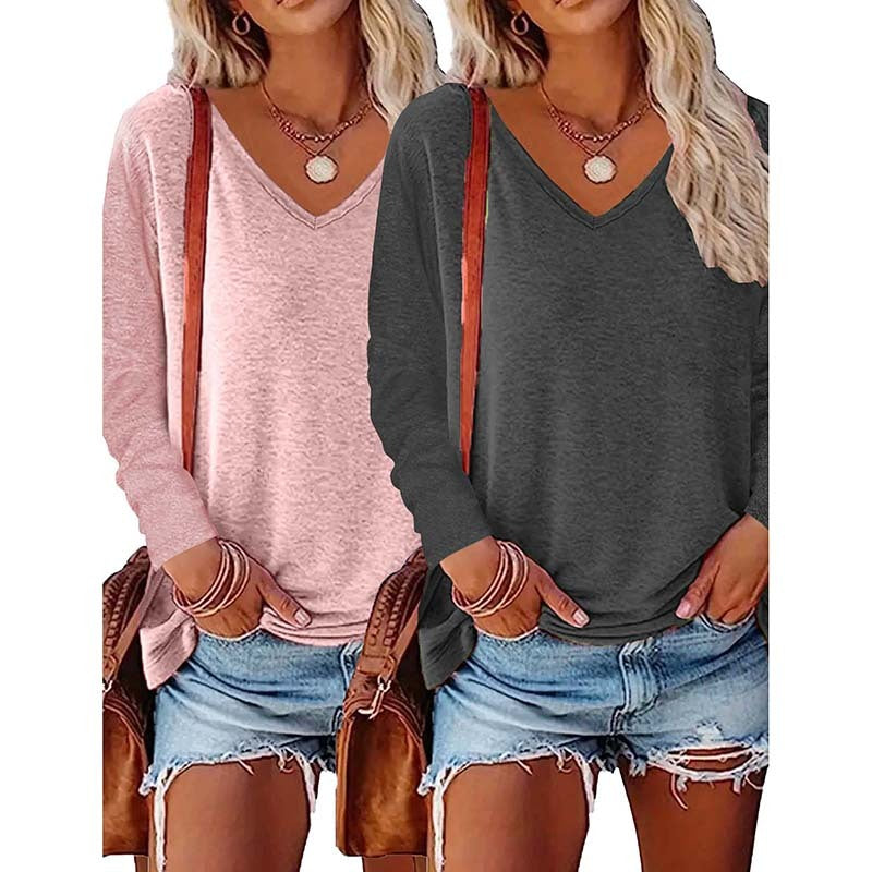 2PCS Womens T Shirts Long Sleeve V Neck Basic Tee Soft Casual Loose Fit Fall Tops Outfits 2025