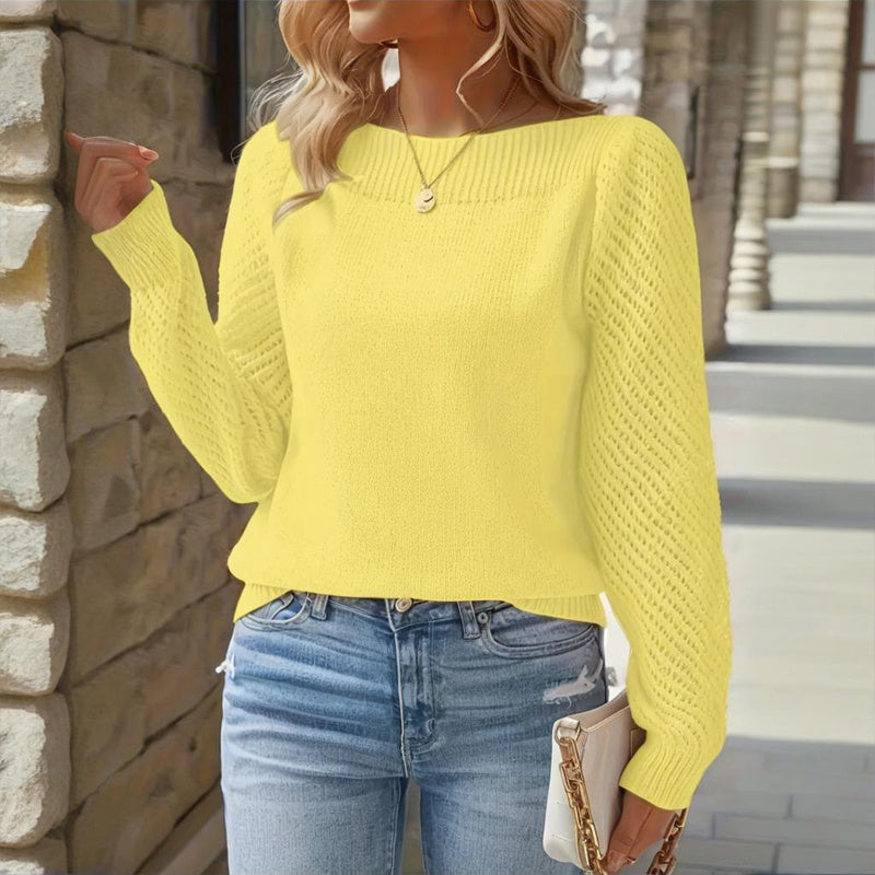 Women's Solid Color Off-Shoulder Knit Top With Lace-Up Design - Long Sleeve Crop Top For Spring&Fall