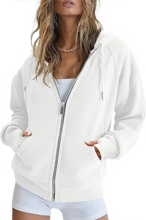 Fisoew Womens Zip Up Sweatshirts Fleece Lined Collar Crop Hoodie Casual Cotton Long Sleeve Tops With Thumb Hole