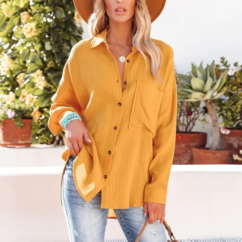New Women's Solid Color V-Neck Long Sleeve Blouse - Textured Button-Up Shirt, Casual & Minimalist Top For Spring&Fall