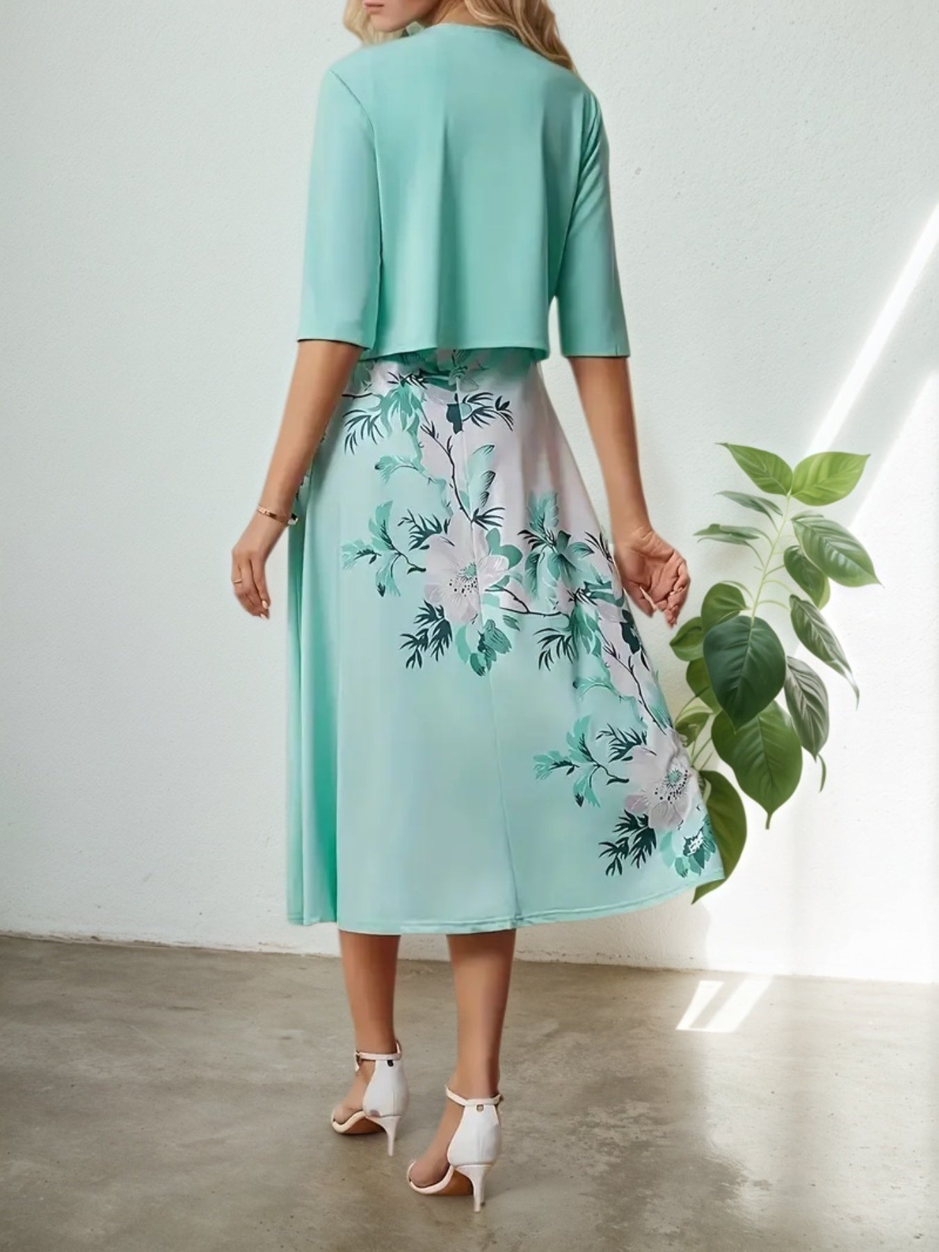 2025 New Women's Round Neck Printed Dress Set, Solid Color Long Sleeve Cardan Printed Tank Top Dress Set