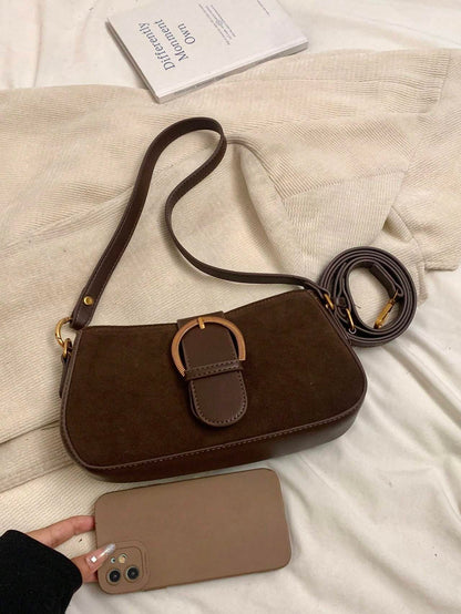 Women Retro Solid Color Dual Strap Suede Shoulder Crossbody Saddle Bag, Autumn And Winter Hot Women Bag, Suede Purse, Newest Fashionable Suede Bag For Women