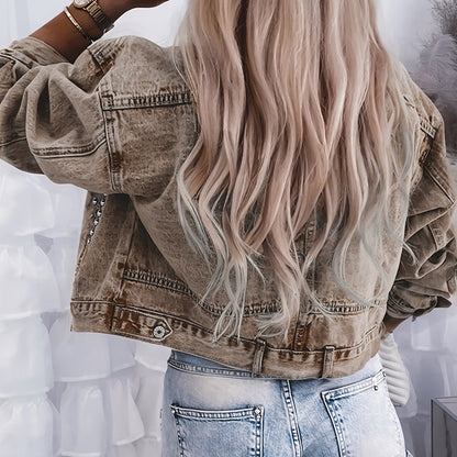 Women's Long Sleeve Rivet Studded Denim Jacket Casual Cropped Short Jean Coat