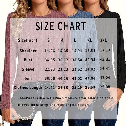 Women's 3 Pack Ribbed Knit Long Sleeve T-Shirt, Slim Fit Crewneck Top, Casual Basic Tee