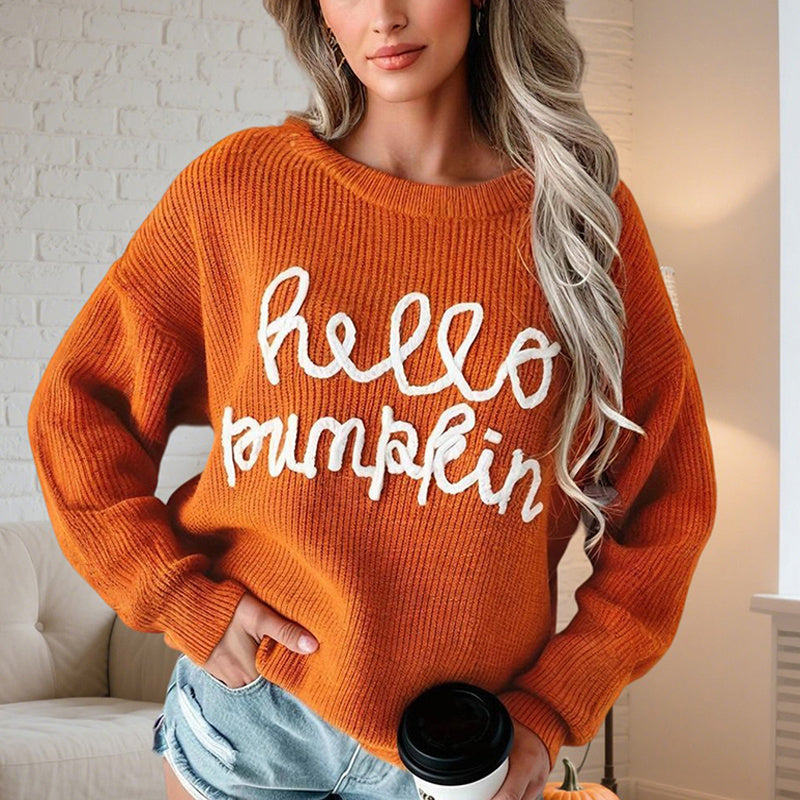 New 2025, Women's Casual Round Neck Long Sleeve Letter Graphic Sweater Fall Winter Warm Comfortable Pullover Tops