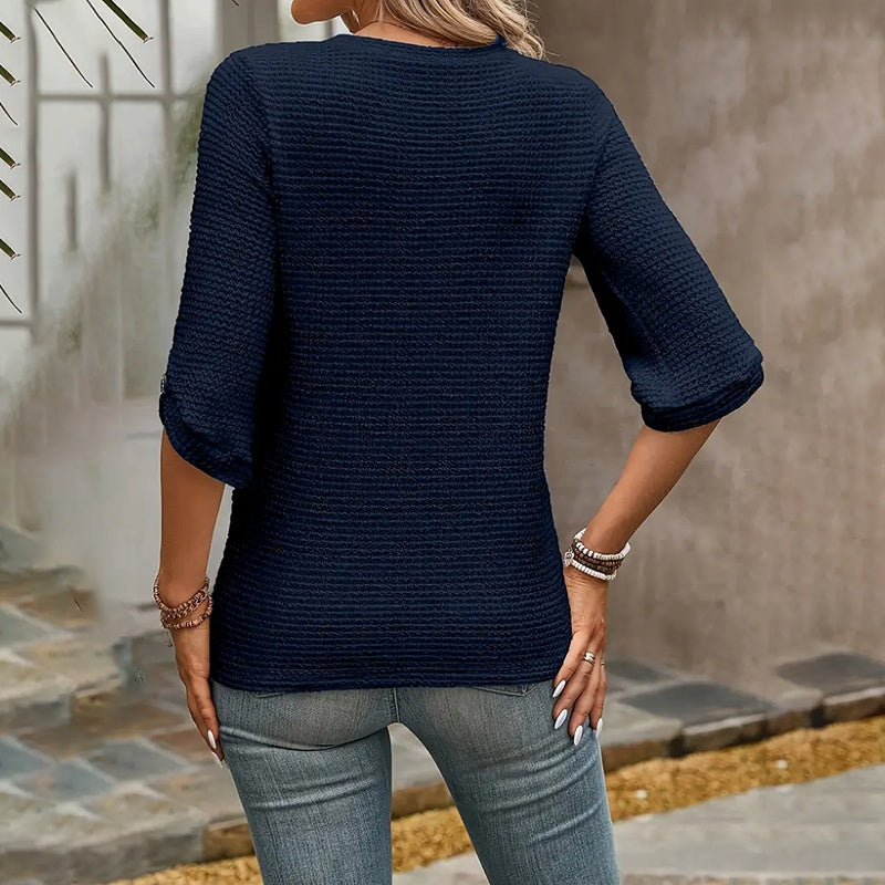 Women's Crew Neck Half Sleeve Shirts Waffle Knit Loose Blouse Solid Color Tops 2025
