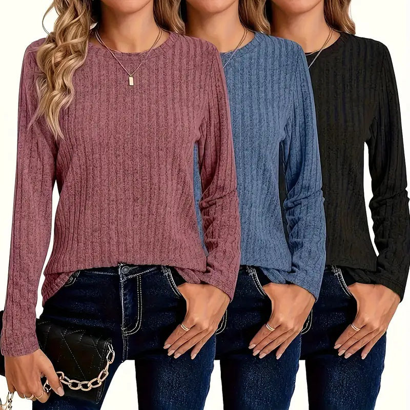 Women's 3 Pack Ribbed Knit Long Sleeve T-Shirt, Slim Fit Crewneck Top, Casual Basic Tee