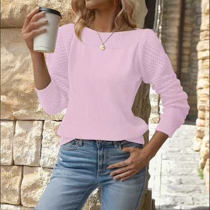 Women's Solid Color Off-Shoulder Knit Top With Lace-Up Design - Long Sleeve Crop Top For Spring&Fall