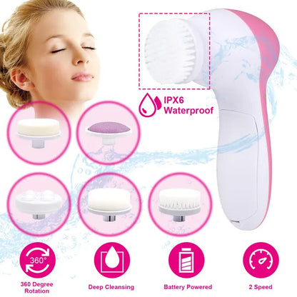 New advance, Waterproof Facial Cleansing Brush Face Spin Cleaning Brush Scrubber With 5 Brush Heads For Women