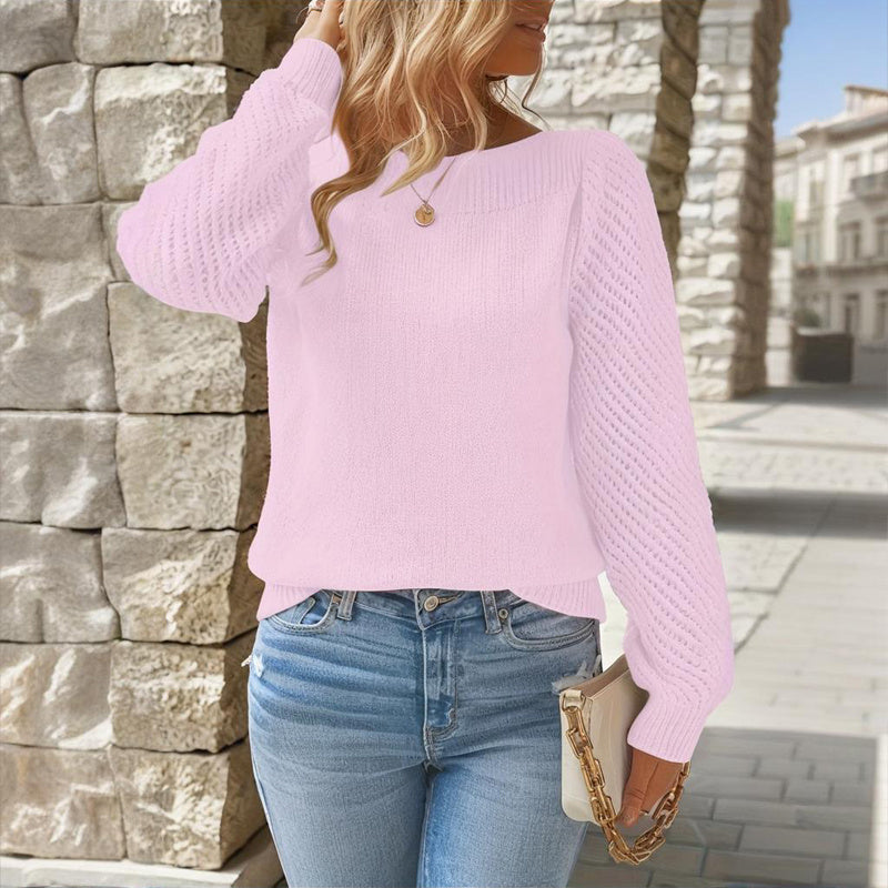 Women's Solid Color Off-Shoulder Knit Top With Lace-Up Design - Long Sleeve Crop Top For Spring&Fall