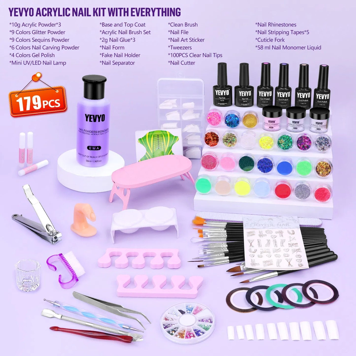 Acrylic Nail Kit With UV Light, 4 Colors Gel Polish Kit With 24 Glitter Colors Acrylic Powder Monomer Liquid