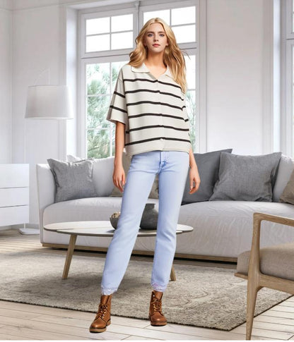 Women's 2025 Spring Summer Casual Fold-Down Short Sleeve Fashion Button Knitted Cardigan Sweater Navy Striped Sleeve Knitted Cardigan