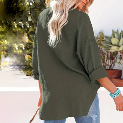 New Women's Solid Color V-Neck Long Sleeve Blouse - Textured Button-Up Shirt, Casual & Minimalist Top For Spring&Fall