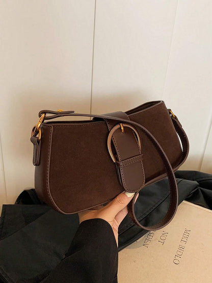 Women Retro Solid Color Dual Strap Suede Shoulder Crossbody Saddle Bag, Autumn And Winter Hot Women Bag, Suede Purse, Newest Fashionable Suede Bag For Women