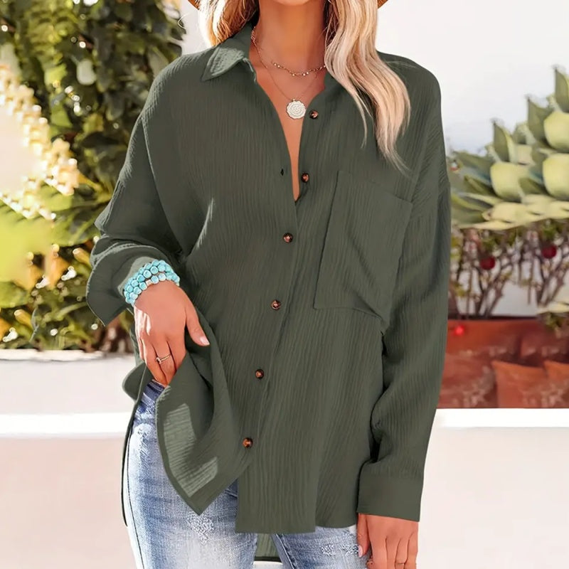 New Women's Solid Color V-Neck Long Sleeve Blouse - Textured Button-Up Shirt, Casual & Minimalist Top For Spring&Fall