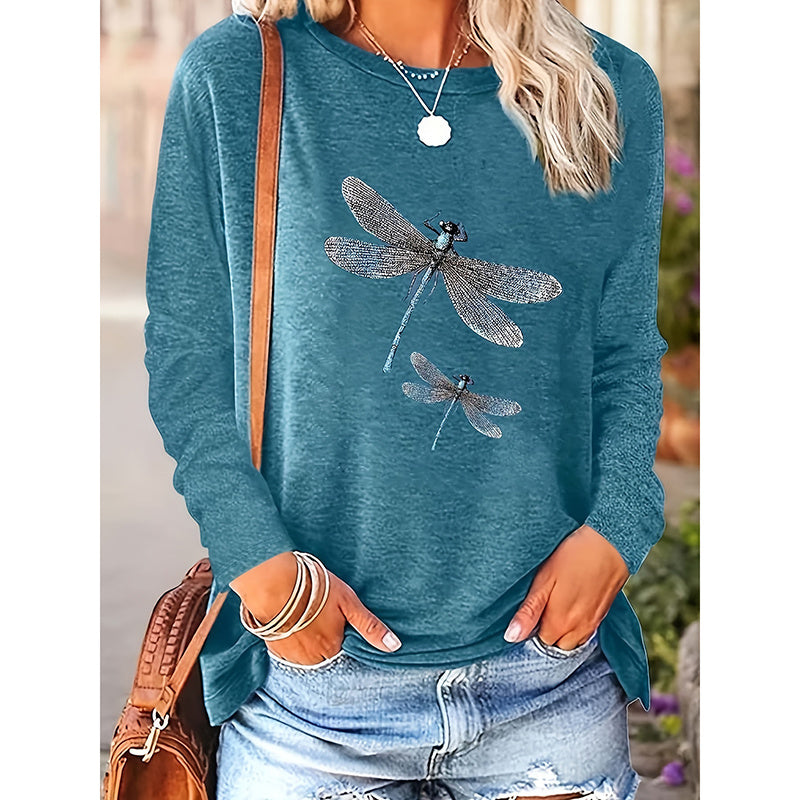 New Women's 2025 Dragonfly Print Crew Neck T-Shirt, Casual Long Sleeve Top For Spring & Fall
