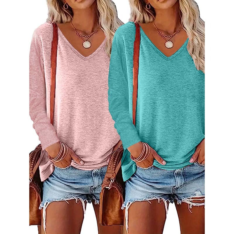 2PCS Womens T Shirts Long Sleeve V Neck Basic Tee Soft Casual Loose Fit Fall Tops Outfits 2025
