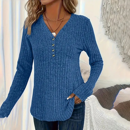 Womens Long Sleeves Ribbed Knit Tunic Shirts V Neck Button Down Tops Casual Tee Shirt Blouses