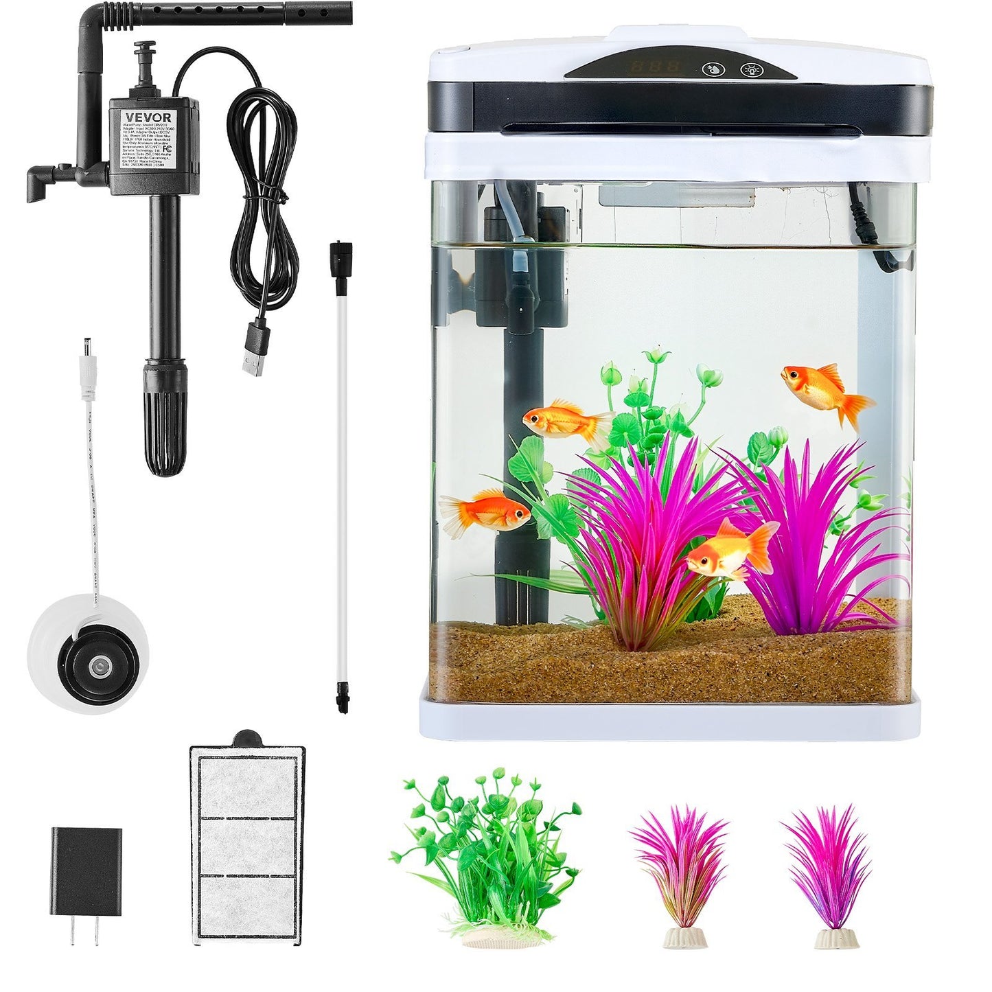 2 Gallon Fish Tank Aquarium LED Smart Square Clear Glass 7 Color Self Cleaning