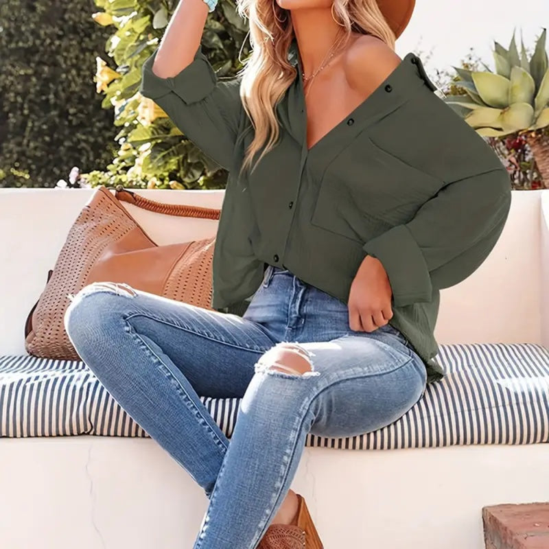 New Women's Solid Color V-Neck Long Sleeve Blouse - Textured Button-Up Shirt, Casual & Minimalist Top For Spring&Fall