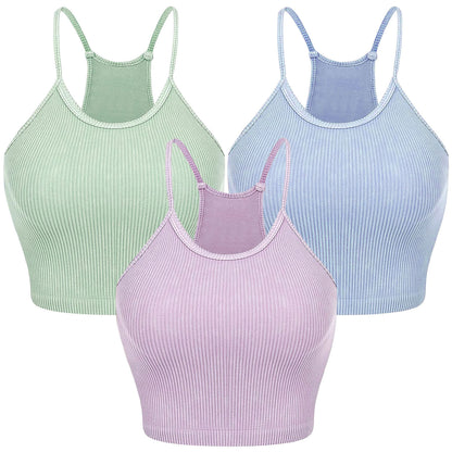 3 Pack Women Crop Basic Tank Top Ribbed Knit Sleeveless Round Neck 9 Color Machine Wash Summer Crop S To XL