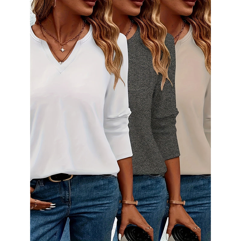 Womens 3-Pack V Neck Long Sleeve T Shirts Casual Loose Fit Fall Tops Trendy 2025