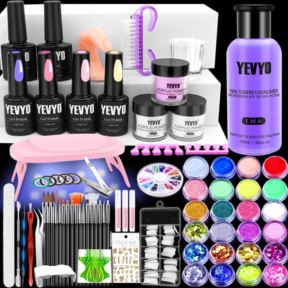 Acrylic Nail Kit With UV Light, 4 Colors Gel Polish Kit With 24 Glitter Colors Acrylic Powder Monomer Liquid