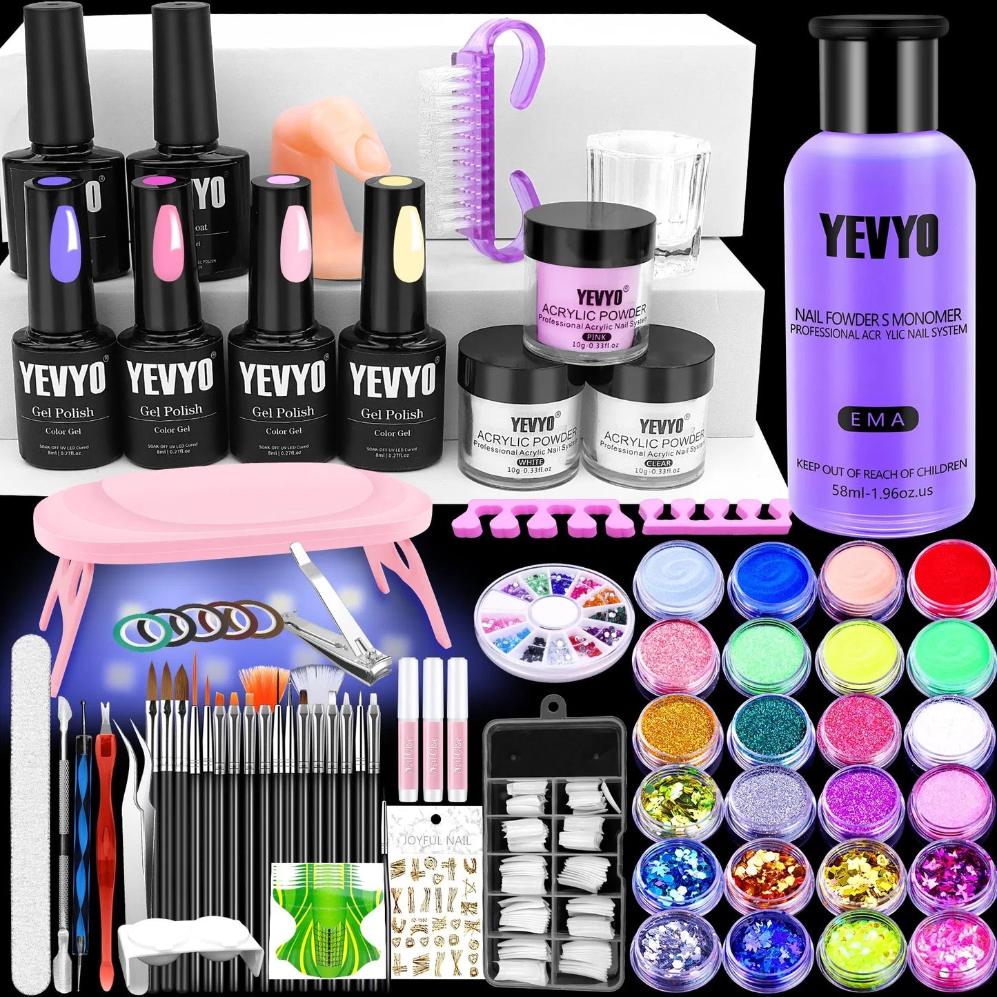 Acrylic Nail Kit With UV Light, 4 Colors Gel Polish Kit With 24 Glitter Colors Acrylic Powder Monomer Liquid