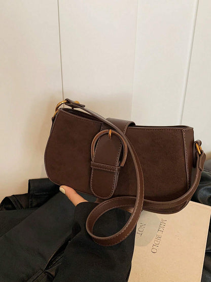 Women Retro Solid Color Dual Strap Suede Shoulder Crossbody Saddle Bag, Autumn And Winter Hot Women Bag, Suede Purse, Newest Fashionable Suede Bag For Women