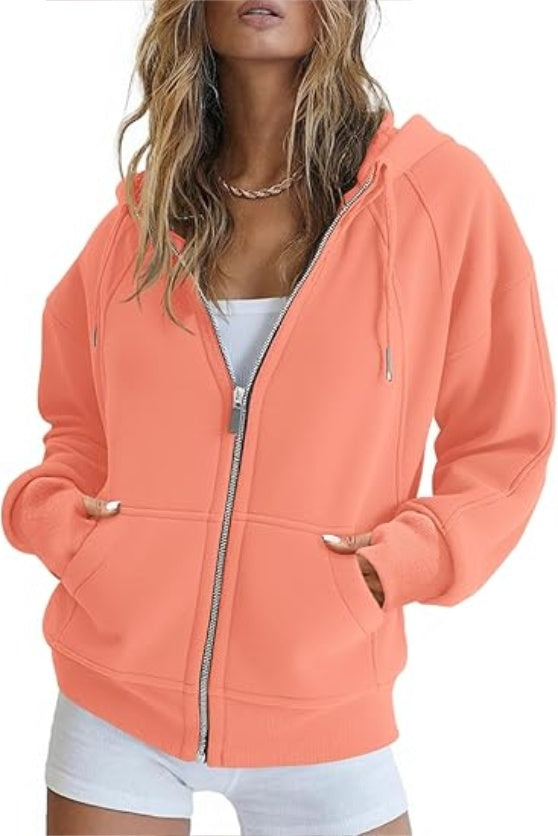 Fisoew Womens Zip Up Sweatshirts Fleece Lined Collar Crop Hoodie Casual Cotton Long Sleeve Tops With Thumb Hole