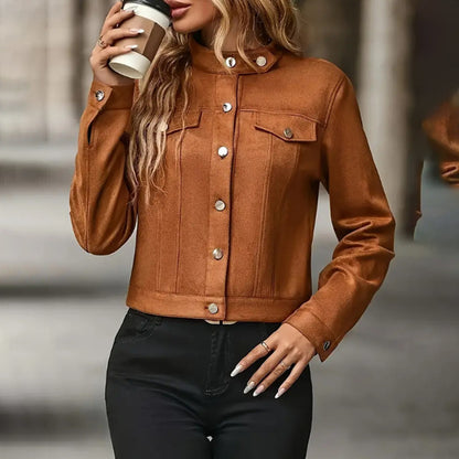 Women's Faux Suede Cropped Jacket, Vintage Stand Collar Short Coat Casual Button Up Fall Outwear