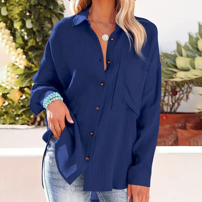 New Women's Solid Color V-Neck Long Sleeve Blouse - Textured Button-Up Shirt, Casual & Minimalist Top For Spring&Fall
