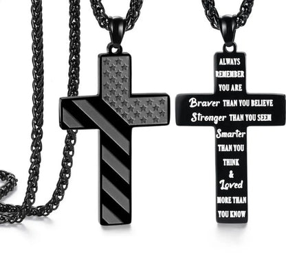 Cross Necklace With Bible Verse American Flag Pendant --Stainless Steel Men Jewelry Gift - Faith-Inspired, Bold & Patriotic Chain For Him