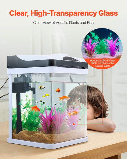 2 Gallon Fish Tank Aquarium LED Smart Square Clear Glass 7 Color Self Cleaning