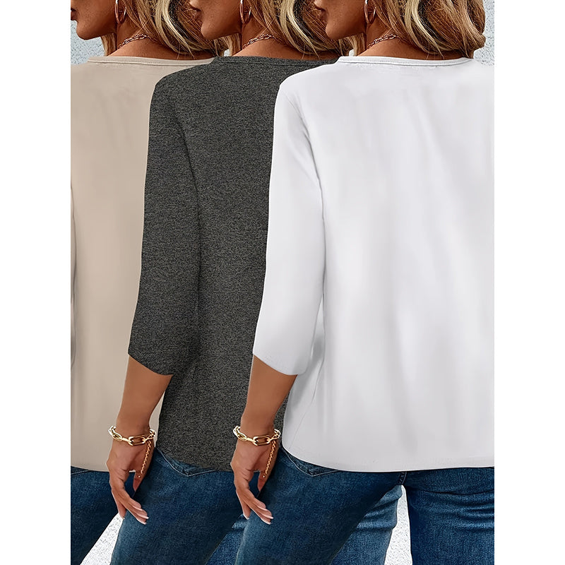 Womens 3-Pack V Neck Long Sleeve T Shirts Casual Loose Fit Fall Tops Trendy 2025
