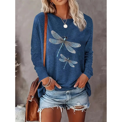 New Women's 2025 Dragonfly Print Crew Neck T-Shirt, Casual Long Sleeve Top For Spring & Fall