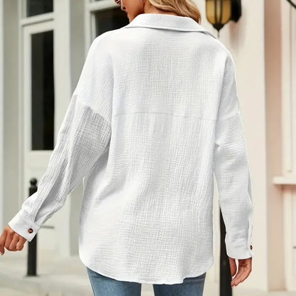 New Women's Solid Color V-Neck Long Sleeve Blouse - Textured Button-Up Shirt, Casual & Minimalist Top For Spring&Fall