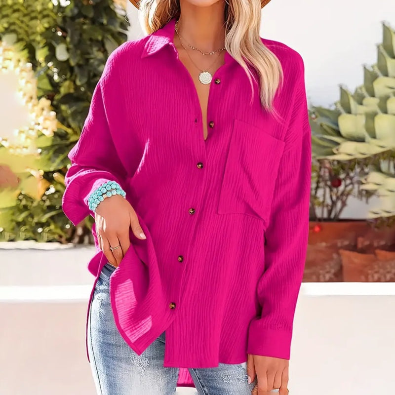 New Women's Solid Color V-Neck Long Sleeve Blouse - Textured Button-Up Shirt, Casual & Minimalist Top For Spring&Fall