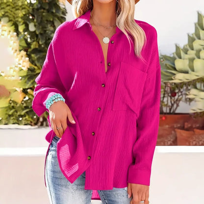 New Women's Solid Color V-Neck Long Sleeve Blouse - Textured Button-Up Shirt, Casual & Minimalist Top For Spring&Fall