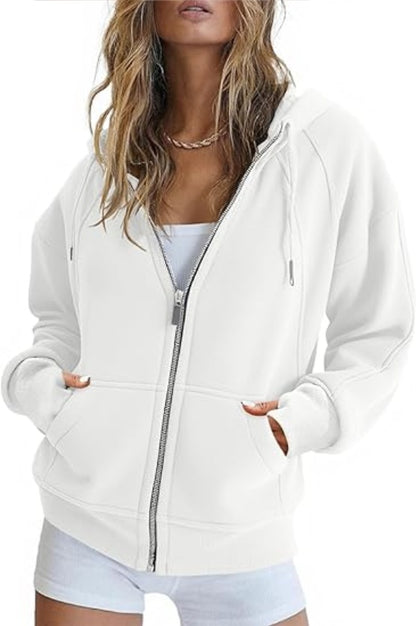 Fisoew Womens Zip Up Sweatshirts Fleece Lined Collar Crop Hoodie Casual Cotton Long Sleeve Tops With Thumb Hole