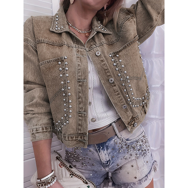 Women's Long Sleeve Rivet Studded Denim Jacket Casual Cropped Short Jean Coat