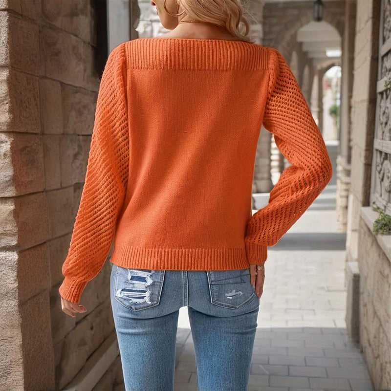 Women's Solid Color Off-Shoulder Knit Top With Lace-Up Design - Long Sleeve Crop Top For Spring&Fall