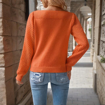 Women's Solid Color Off-Shoulder Knit Top With Lace-Up Design - Long Sleeve Crop Top For Spring&Fall