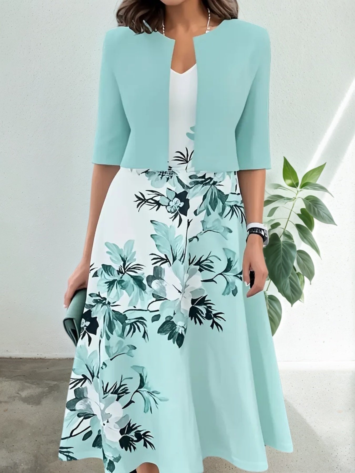 2025 New Women's Round Neck Printed Dress Set, Solid Color Long Sleeve Cardan Printed Tank Top Dress Set