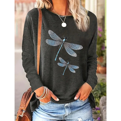 New Women's 2025 Dragonfly Print Crew Neck T-Shirt, Casual Long Sleeve Top For Spring & Fall