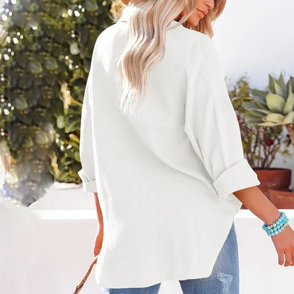 New Women's Solid Color V-Neck Long Sleeve Blouse - Textured Button-Up Shirt, Casual & Minimalist Top For Spring&Fall
