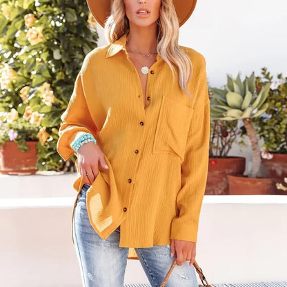 New Women's Solid Color V-Neck Long Sleeve Blouse - Textured Button-Up Shirt, Casual & Minimalist Top For Spring&Fall