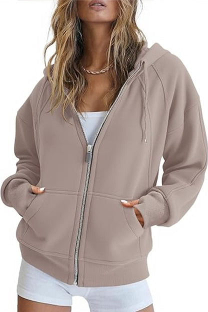 Fisoew Womens Zip Up Sweatshirts Fleece Lined Collar Crop Hoodie Casual Cotton Long Sleeve Tops With Thumb Hole