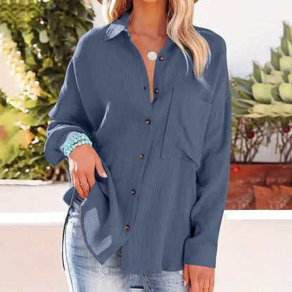 New Women's Solid Color V-Neck Long Sleeve Blouse - Textured Button-Up Shirt, Casual & Minimalist Top For Spring&Fall